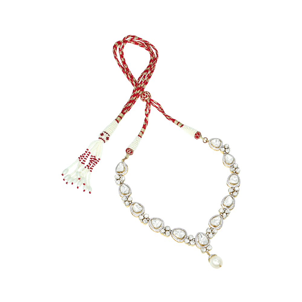 Teardrop Polki Necklace with Diamonds and Pearl Drop